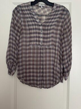 Joie Gray Tan Plaid Sheer Silk Popover Blouse